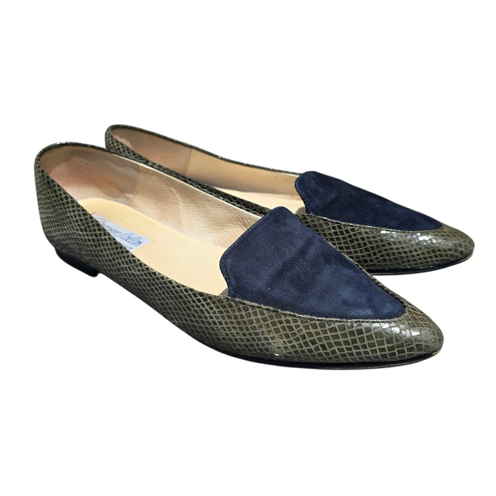 Carmen Salas Olive Green Snakeskin Suede Leather Pointed Toe Loafers 41‎ / US 10